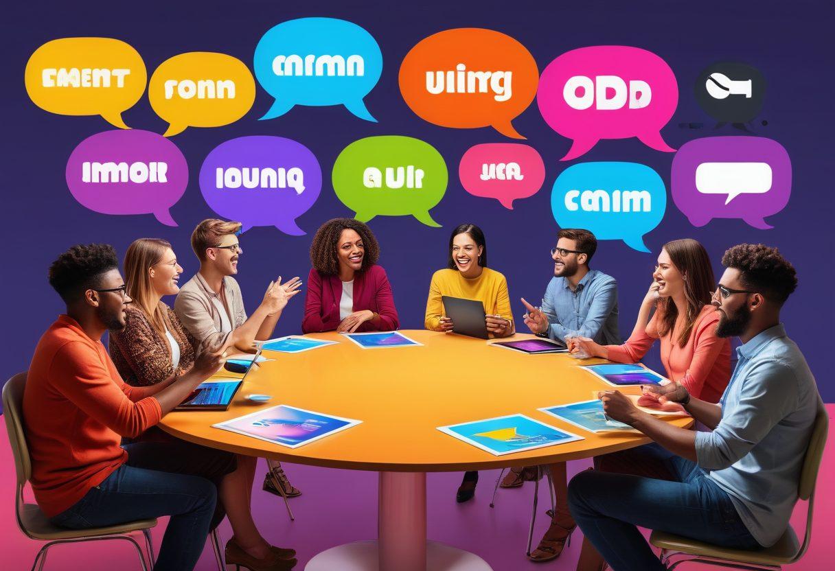 An engaging digital collage showcasing diverse individuals passionately debating around a virtual round table, with colorful speech bubbles illustrating their thoughts. Include social media icons and comment threads emerging from the table, symbolizing user-generated content. The background should be a dynamic fusion of online community elements and technology. vibrant colors. modern digital art.
