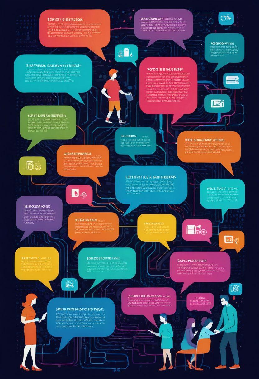 A timeline illustration showcasing the evolution of digital conversations, starting from vintage message boards with old computer screens, transitioning to vibrant modern virtual forums with avatars engaging in lively discussions. Include pop-up chat bubbles with text snippets symbolizing diverse topics. The background can depict a blend of retro tech and futuristic digital elements. vibrant colors. vector art.